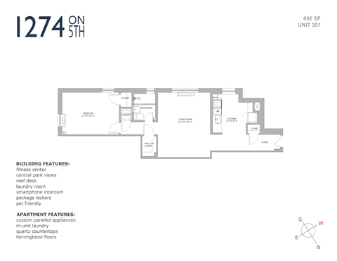 Floor plan for 1 bed, 1 bath, 679 sqft